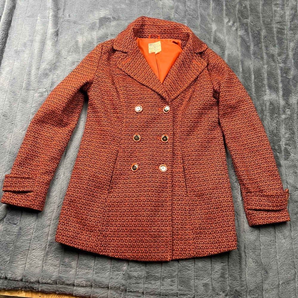 Tulle Womens Orange Herringbone Tweed Double Breasted Pea Coat Jacket S8216 M